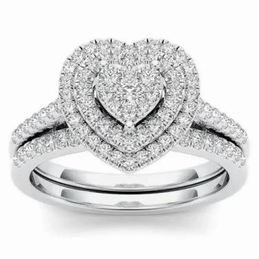 Imagem de Conjunto de 2 peças brilhantes anéis de zircônia cúbica de coração acessórios de aliança de casamento joias, 8, Latão, Sem pedra preciosa