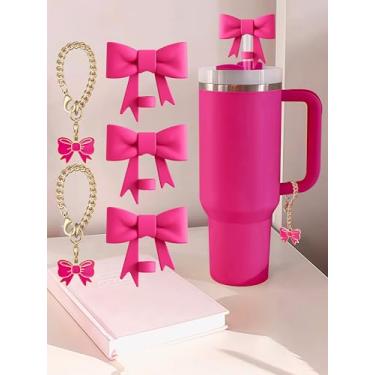 Imagem de Conjunto de 5 peças compatíveis com acessórios Stanley Cup, 3 topos de canudo de arco compatíveis com capa Stanley de 9 a 10 mm, 2 pingentes de arco fofos para copo com alça (rosa rosa)