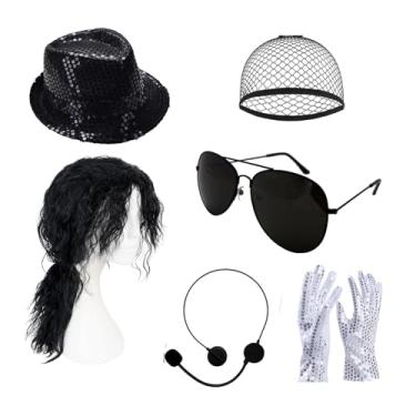 Imagem de TOMIGO Peruca masculina preta para cosplay e chapéu, óculos para fantasia Pop Rockstar dos anos 80, acessórios de fantasia de Halloween