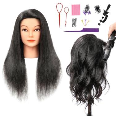 Imagem de SOPHIRE Cabeça de Manequim 100% Cabelo Real com Suporte, para Penteados e Trança - Preto Natural