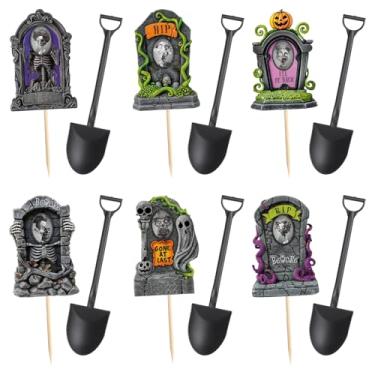 Imagem de AceOrbit 72 Pcs Halloween Cupcake Toppers with 3D Changing Face Moving Picture Novelty Mini Shovel Spoons Tombstones Graveyard Cake Decorations for Halloween Birthday Party Supplies (Cartoon Style)