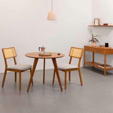 Imagem de Conjunto Mesa de Jantar Square Laminada Tripé Redonda Natural - 88cm + 2 Cadeiras Lalá Encosto Palha Creme Assento - Cru