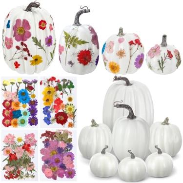 Imagem de Nuanchu Kit de abóbora de espuma de outono DIY 107ps para Halloween, 7 peças, abóboras de espuma branca, 100 peças, flores secas falsas para meninas, artesanato, outono, livraria, dia de Ação de
