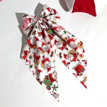 Imagem de Alfinetes de cabelo clássicos de tecido natalino com laço, prendedor de cabelo elegante, prendedores de rabo de cavalo com fita longa, acessórios de cabelo vintage (branco)