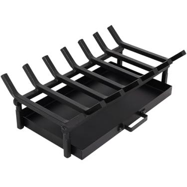 Imagem de Grelha de lareira com bandeja de lareira, suporte de tronco de lareira, grades de lareira de fácil montagem, ferro fundido resistente, bandeja de lareira para coleção de cinzas com alça para lareira