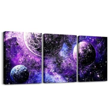 Imagem de Feelyou Arte de parede em tela planetas universo 3D para sala de estar quarto 30 x 40,6 cm x 3 peças decoração de parede do sistema solar espaço sideral arte de parede para decoração de casa roxo azul
