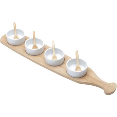 Imagem de Conjunto Bandeja De Bambu Lyor Com 4 Molheiras E 4 Colheres De Bambu 48x9,5cm