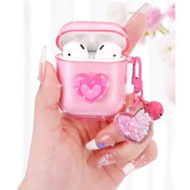 Imagem de Boaretiu Capa para Airpods 2/1 para mulheres meninas e meninas fofo Kawaii - Capa feminina elegante com design de coração com mosquetão e para Air pods 2ª/1ª