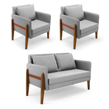Imagem de Kit 1 Sofá Namoradeira E 2 Poltronas Lana Suede Cinza Base De Madeira - D'rossi