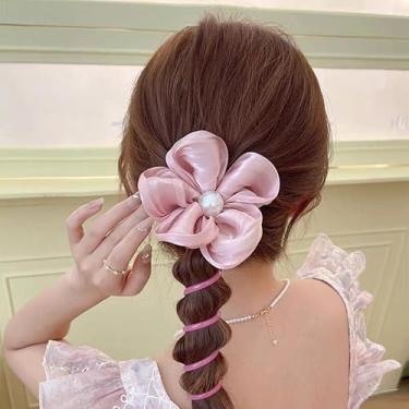 Imagem de Laço de cabelo requintado de flor rosa com centro de pérolas e linha telefônica rosa elástico de cabelo elegante para mulheres acessórios de cabelo elegantes para penteados e tranças elegantes