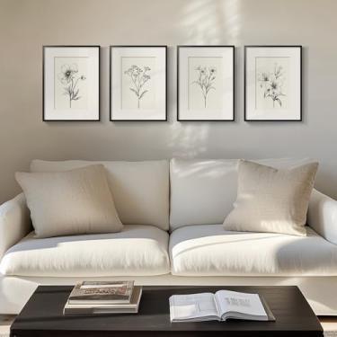 Imagem de Arte de parede floral emoldurada em preto e branco para sala de estar, conjunto de 4 pinturas botânicas vintage de fazenda, arte minimalista rústica para quarto, banheiro, corredor, cozinha, paredes,