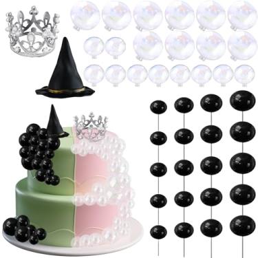 Imagem de Kit de decoração de bolo malvado com 42 peças - Topo de bolo malvado com balões pretos, coroa de prata, chapéu malvado e bolas de glitter para aniversário, suprimentos de festa de fantasia (bola