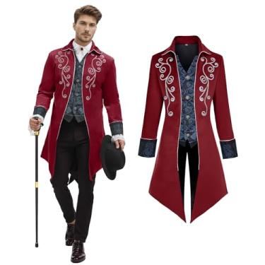 Imagem de NFAUEIK Jaqueta masculina medieval steampunk casaco vitoriano renascentista tailcoat fantasia de Halloween (vermelho, GG)