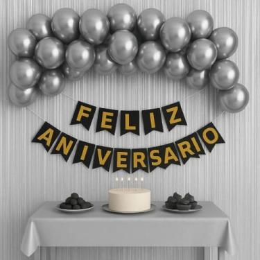 Imagem de Kit Feliz Aniversário Completo com Balões Metalizados Faixa e Cortina – Decoração para Festa Infantil e Adulto (Prata)
