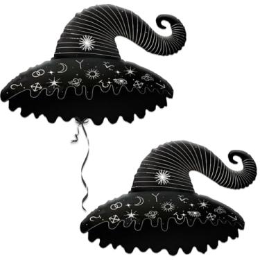 Imagem de Vassoura de bruxa decorativa de Halloween, balão metálico marrom, design de silhueta de morcegos voadores de hélio, decoração de festa (chapéu de bruxa preto)