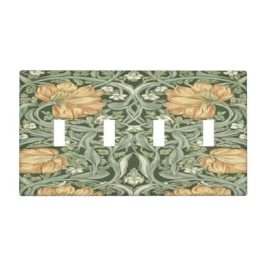 Imagem de SgEdao Capas decorativas para interruptores placa rústica Morris amarelo flor verde deixa videira 4 gangues placa de parede extragrande quadriciclo interruptor de luz placa jumbo para decoração de