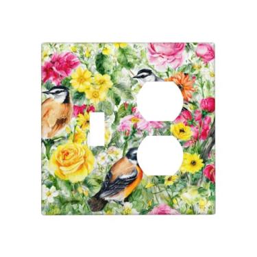 Imagem de Wmhusu Placa de cobertura para interruptor de luz, flores coloridas em aquarela, retrô, pássaro, floral, 2 gangs, placas de interruptor decorativas, 1 conjunto de interruptores duplex, capas de tomada