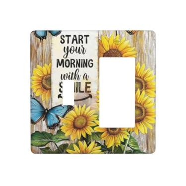 Imagem de JDAKHD Placa decorativa para interruptores de girassóis e borboletas vibrantes, interruptor de 2 grupos e placa de parede Rocke textura de madeira rústica placa elétrica decorativa placa de