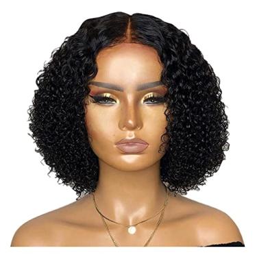 Imagem de Peruca de cabelo cacheado curto preto ondulado feminino fibra sintética cabelo curto encaracolado peruca com tela frontal 35 cm natural para mulheres