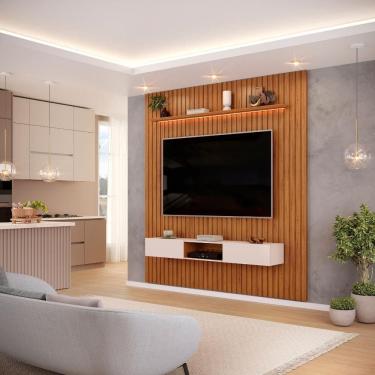 Imagem de Painel Para Tv Até 65 Polegadas 2,23m Ripado Autêntico Com Led E Nicho Montreal Madeirado/off White