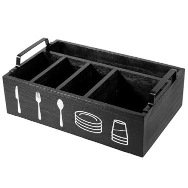 Imagem de Caixa de armazenamento de copo de papel, 5 compartimentos de madeira para talheres com alça, organizador prático de utensílios para copos, pratos, colheres, garfos, guardanapos (preto)