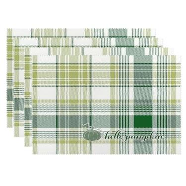 Imagem de Jogo americano de outono xadrez verde Farmhouse, conjunto de 4, tapetes de mesa Hello Pumpkin de 30,5 x 45,7 cm, lavável resistente ao calor, decoração de jantar de Ação de Graças no outono