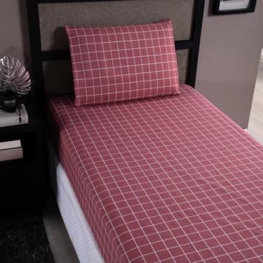 Imagem de Jogo de Lençol Grid em Percal 200 Fios, 2 Peças para Solteiro, Estampa Quadriculada, com Lençol Elástico e Fronha (Rosê Escuro)