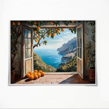 Imagem de Janela de madeira vintage cercada por uma exuberante laranjeira com vista para um vasto oceano paisagem rural costeira pôster de arte de parede para sala de estar fazenda decoração de casa 28 x 35 cm