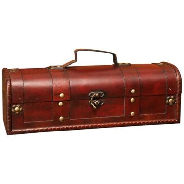 Imagem de Caixa de vinho de garrafa única de madeira europeia antiga, caixa de armazenamento vermelha, tampa de cúpula, alça portátil, detalhes de metal, trava de rebite e , para feriados, casamentos e