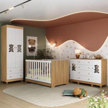 Imagem de Quarto de Bebê Completo com Berço Americano 3 em 1 Fofura Multimóveis Mp4657 Madeirado/branco
