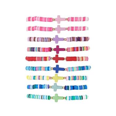 Imagem de Kysin Chiys 8 pulseiras de cruz com cartão Jesus pulseiras artesanais elásticas coloridas contas de argila religiosas pulseiras cristãs para mulheres domingo, Natal, Halloween, petisco sem doces