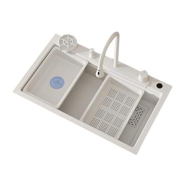 Imagem de TRGCJGH Pia de cozinha em cascata de tigela única, pia de cozinha de aço inoxidável, lavatório de vegetais, montagem superior para pia de cozinha (80 x 45 cm/31,4 x 17,7 cm, branco)