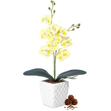 Imagem de Orquídea Artificial Realista com Vaso Arranjo de Flor Artificial Decoração de Mesa e Escritório(Amarelo)