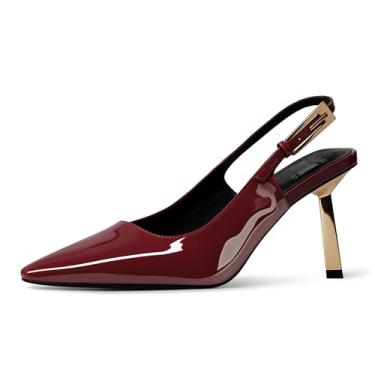 Imagem de heelchic Salto Slingback para mulheres, salto gatinho, bico fino, bico fechado, sapatos stiletto, fivela, Vinho tinto, 38