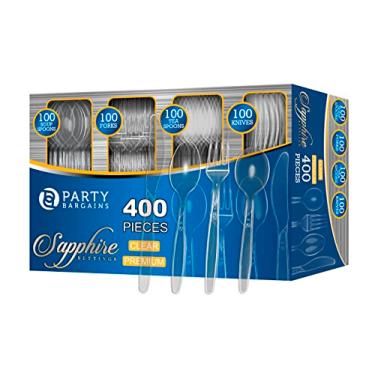 Imagem de PARTY BARGAINS Conjunto de Talheres Descartáveis Cor: Safira Transparente 400 Unidades: 100 Colheres de Chá, 100 Colheres de Sopa, 100 Facas, 100 Garfos, Conjunto de Utensílios de Talheres Descartávei