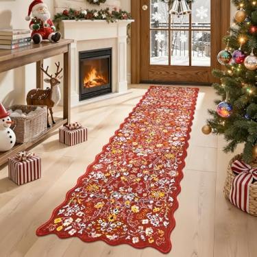 Imagem de LOKHOM Tapete de corredor de Natal, tapete de corredor vermelho antiderrapante lavável com suporte de borracha, tapete de cozinha macio e floral de inverno para decoração de férias de entrada de