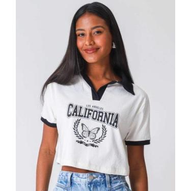 Imagem de Blusa Polo Cropped Feminina Estampada Marisa Off White-77015, Off whit