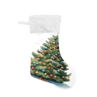 Imagem de Blueangle 1 pacote com 17,7 polegadas aquarela árvore de Natal meias de Natal para decorações de festas de fim de ano, suportes de presente e meias (806)