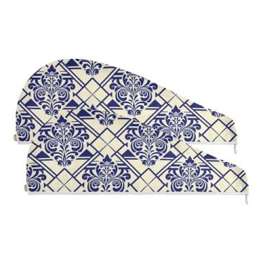 Imagem de SEHANY Toalha de cabelo de microfibra vintage azul boêmio para mulheres, 2 peças, turbantes de cabelo de secagem rápida com botão, touca de cabelo seco absorvente toalha de secagem de cabelo para