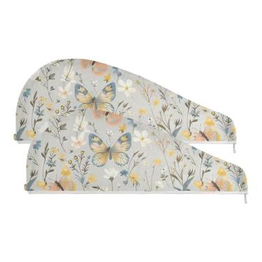 Imagem de SEHANY Toalha de cabelo de microfibra de flores coloridas elegantes para mulheres, 2 peças, turbantes de cabelo de secagem rápida com botão, touca de cabelo seco absorvente toalha de secagem de cabelo