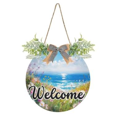 Imagem de SEHANY Placa de boas-vindas de flores e mar, decoração de porta da frente, guirlanda de boas-vindas redonda para decoração de casa de fazenda, varanda e pátio, 30 x 30 cm