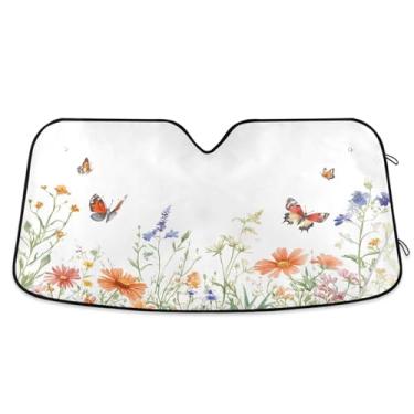 Imagem de ATTX Flores silvestres e borboletas pára-brisas de carro 134.6 cm x 59.7 cm Protetor solar universal com proteção UV, persiana de janela frontal automática dobrável para caminhões Sedans SUVs #731