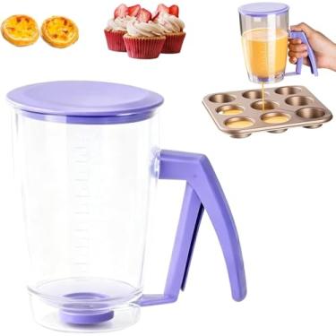 Imagem de Dispensador de massa de panqueca, dispensador de massa portátil de 900 ml com alça de apertar e marcas de medição para panquecas, waffles, muffins, crepes e cupcakes - utensílios de cozinha