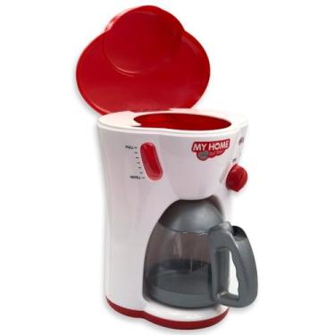 Imagem de Cafeteira de Brinquedo com Luz e Som, Vermelho e Branco, Plástico e Metal, 21x20.5cm, Inclui Jarra, Requer 2 Pilhas AA