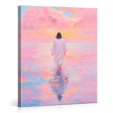 Imagem de Impressão artística de parede rosa Jesus andando na água pastel cristão Jesus pôster pintura religiosa rosa decoração de parede para casa sala de estar quarto 20 x 25 tela emoldurada