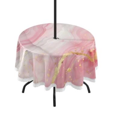 Imagem de CEBUGI Toalha de mesa redonda para uso ao ar livre, textura de mármore ouro rosa, impermeável, com furo Umberlla, capa de mesa lavável para pátio, cozinha, sala de jantar, 152 cm