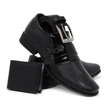 Imagem de Kit Sapato Social Masculino Moderno com Cinto e Carteira, Verniz Sintético, Bico Quadrado, Solado Borracha (Preto, BR, Adulto, Numérico, 37)