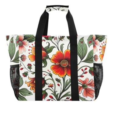 Imagem de Wassud Sacolas de compras reutilizáveis com estampa floral vermelha grande bolsa organizadora de lona impermeável para praia, piquenique, lavanderia, viagem