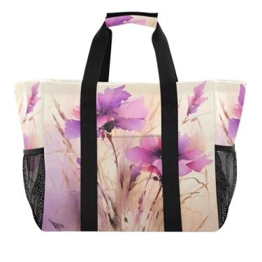 Imagem de Wassud Sacolas de compras reutilizáveis com flores violetas grande bolsa organizadora de lona impermeável para praia, piquenique, lavanderia, viagem