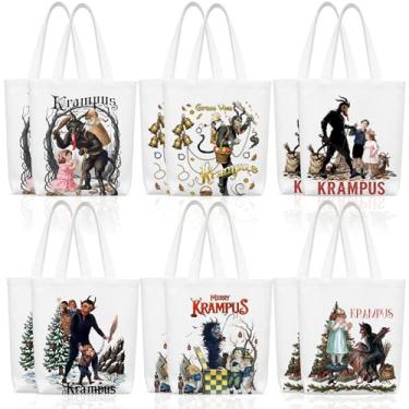 Imagem de Sadnyy Pacote com 12 sacolas de lona de Natal aquarela Krampus Folclore Horror Grocery Sacola de compras de presente reutilizável de Natal para compras, mercearia, praia, presentes, 42 cm x 35,5 cm